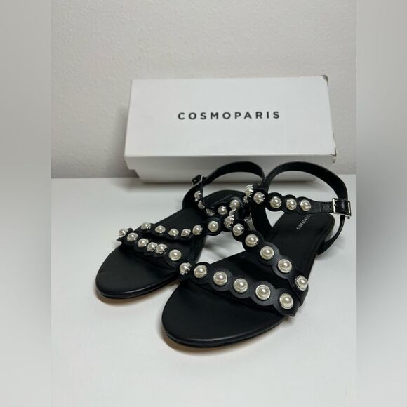 CosmoParis Pearly Leather Slingback Flat Black Sandals Size 10US/ 41EU - Picture 9 of 13
